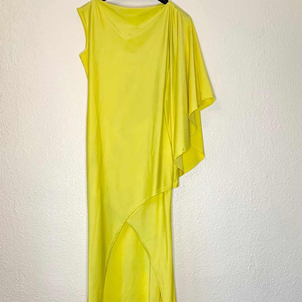 Lime Yellow One-Shoulder Asymmetrical Maxi Dress – Statement Evening Gown